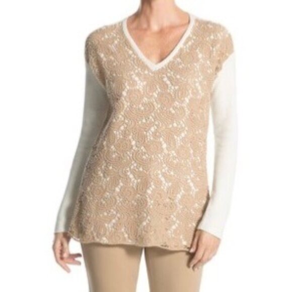 Chicos Womens Christina Lace Front Pullover Sweater V Neck Tan Cream size Small - Picture 1 of 13